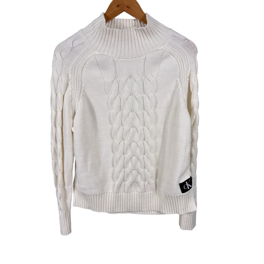 Calvin Klein Jeans Sweater Women's Size XL Cream Cable Knit Crew Neck Pullover‎